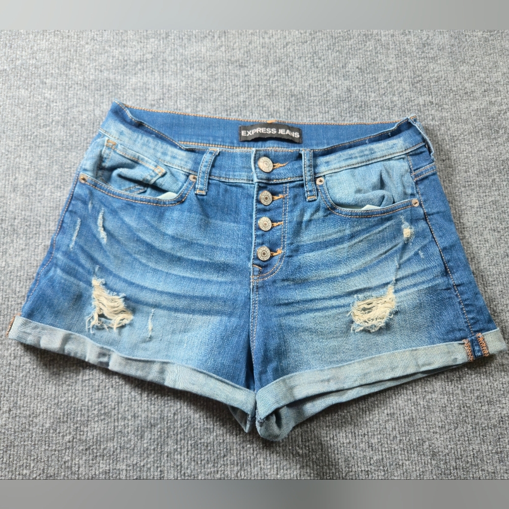 Express‎ Jeans Shorts Womens Sz 8 Distressed Cuffed Hem Button Fly Denim